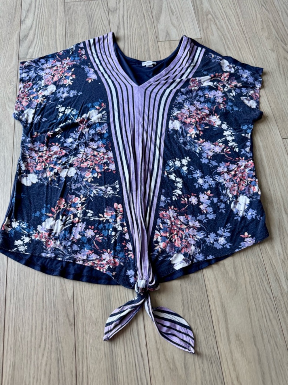 Westport Navy Floral Tie-Front V-Neck Crop Top with Lavender Panel